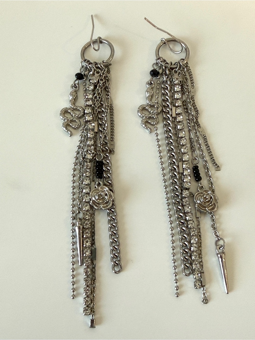 Silver Multi-Chain Dangle Drop Earrings with Rhinestones